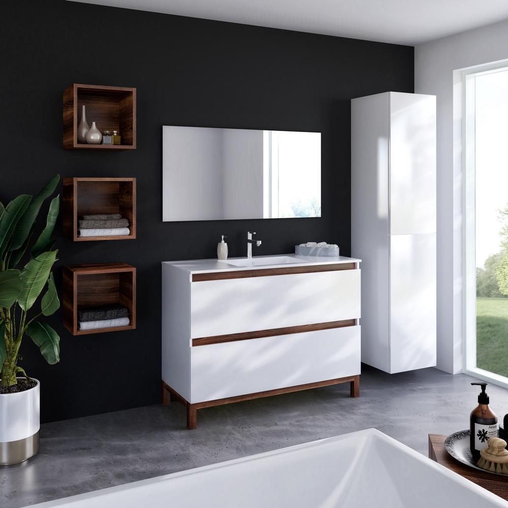 White & Walnut Bathroom Vanity | Slim Composite Sink | VEL 36