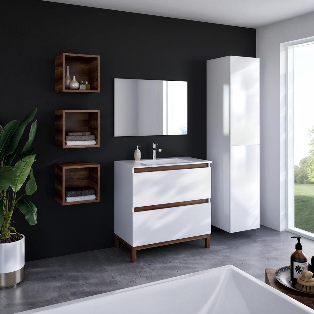 White & Walnut Bathroom Vanity | Slim Composite Sink | VEL 30