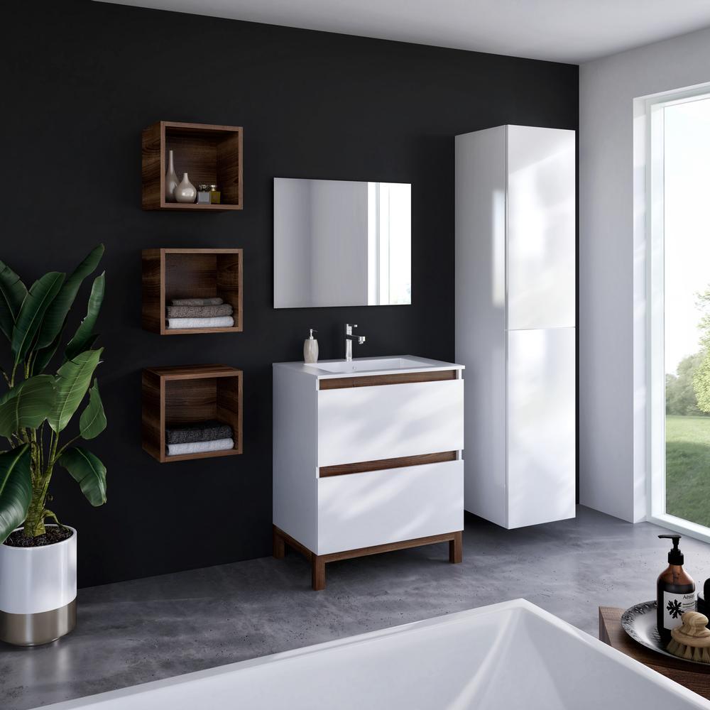 White & Walnut Bathroom Vanity | Slim Composite Sink | VEL 24