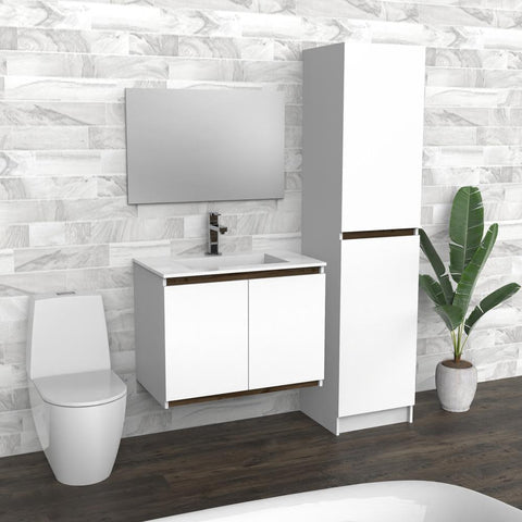 White & Dark Wood Floating Bathroom Vanity | Composite Sink | VLO 30"