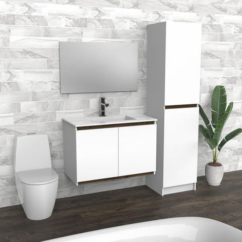 White & Dark Wood Floating Bathroom Vanity | Composite Sink | VLO 36"