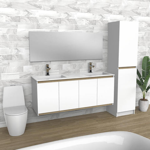 White & Light Wood Floating Bathroom Vanity | Double Sink | VLO 60"