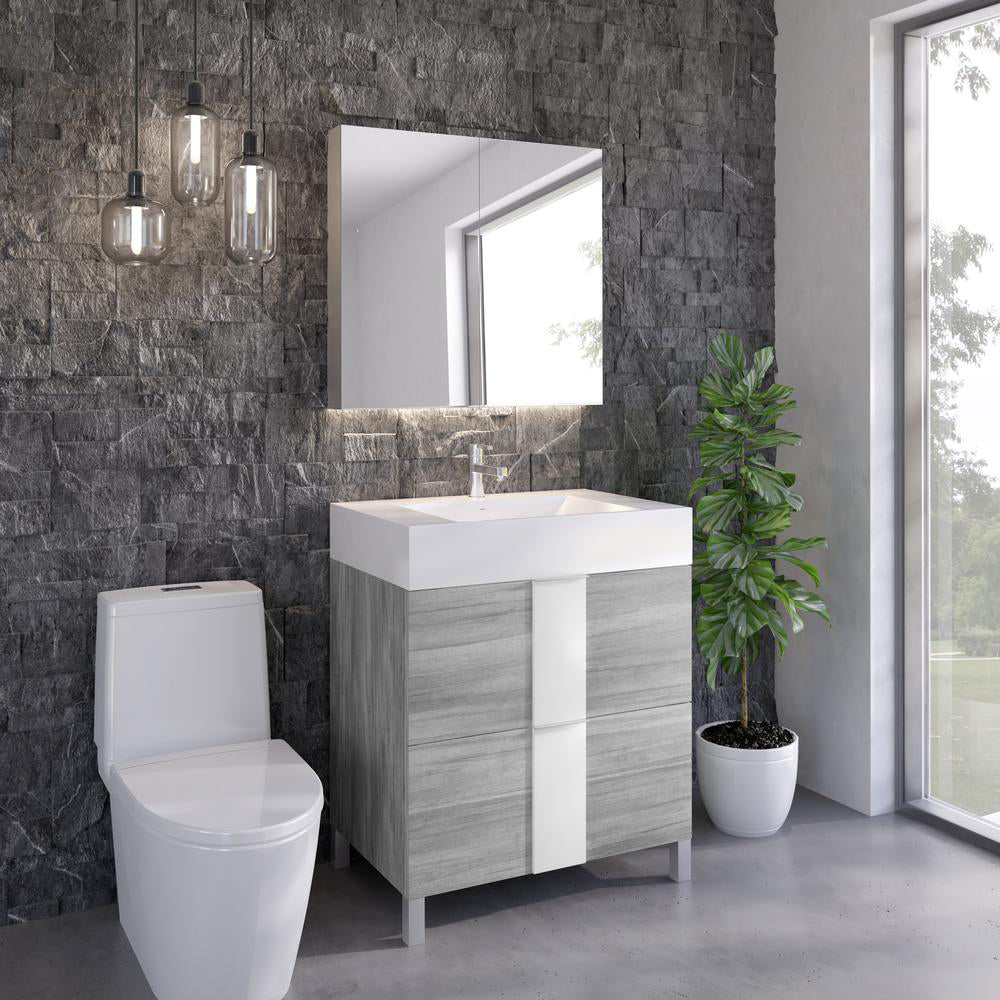 Vanité de salle de bain autoportante grise et blanche | Tiroirs | VPP 30