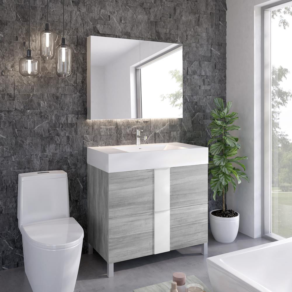 Vanité de salle de bain autoportante grise et blanche | Tiroirs | VPP 36