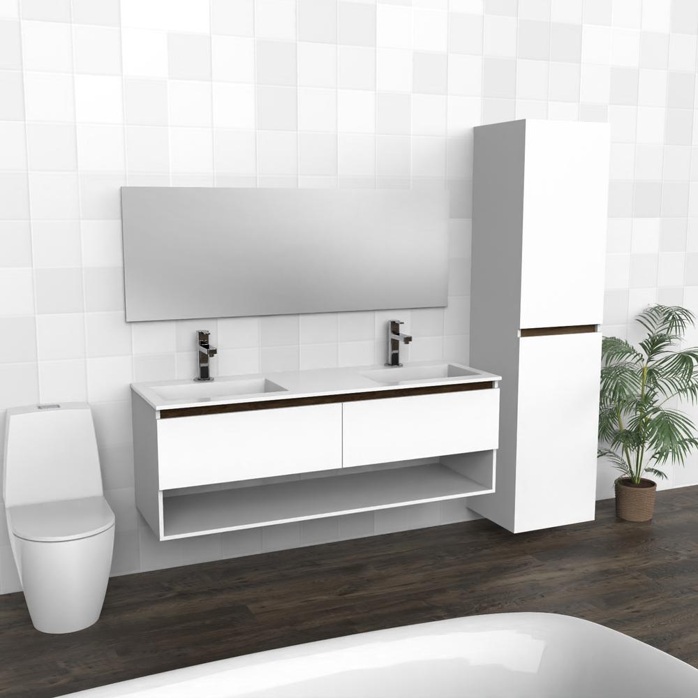 White & Walnut Floating Bathroom Vanity | Double Sink | VUN 60
