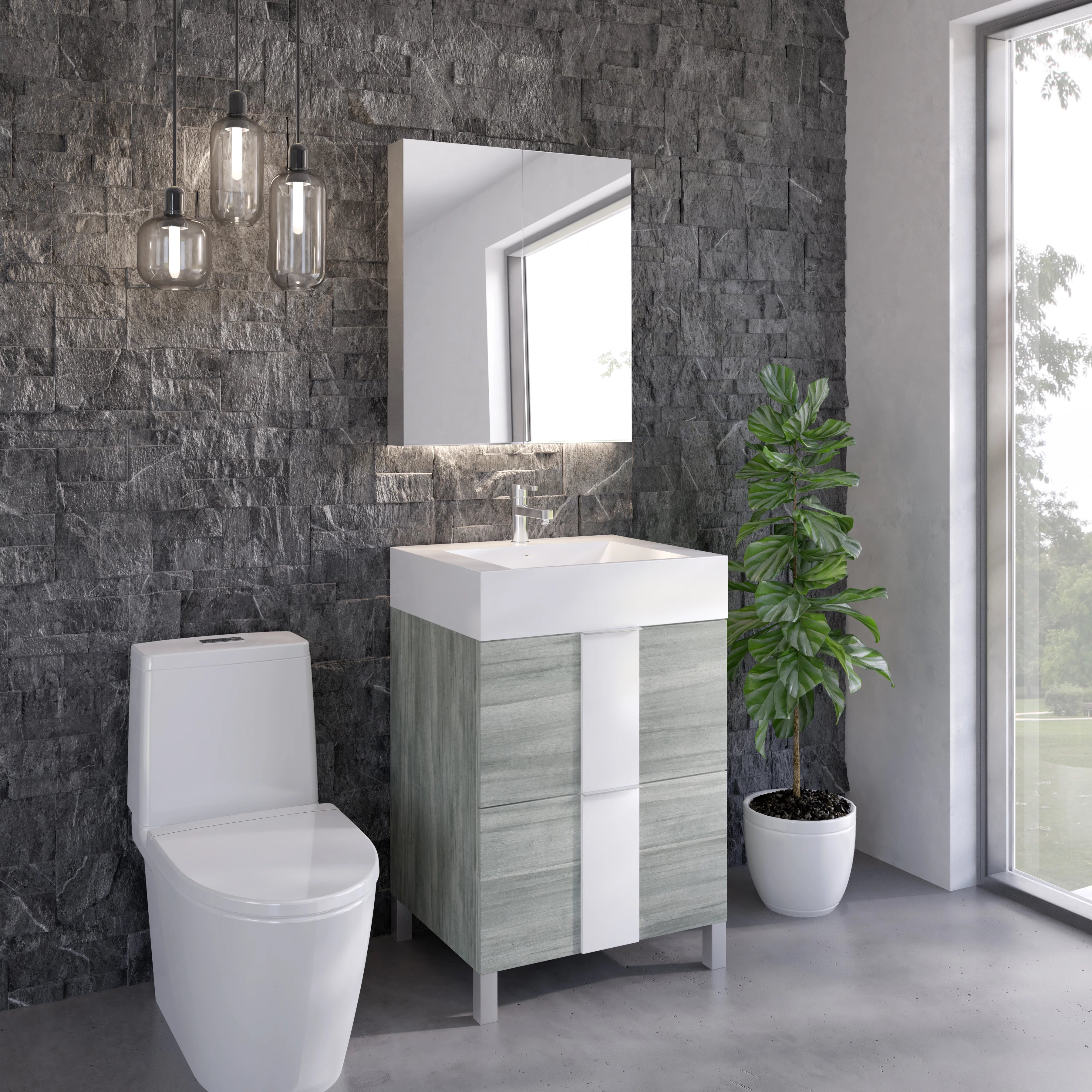 Vanité de salle de bain autoportante grise et blanche | Tiroirs | VPP 24