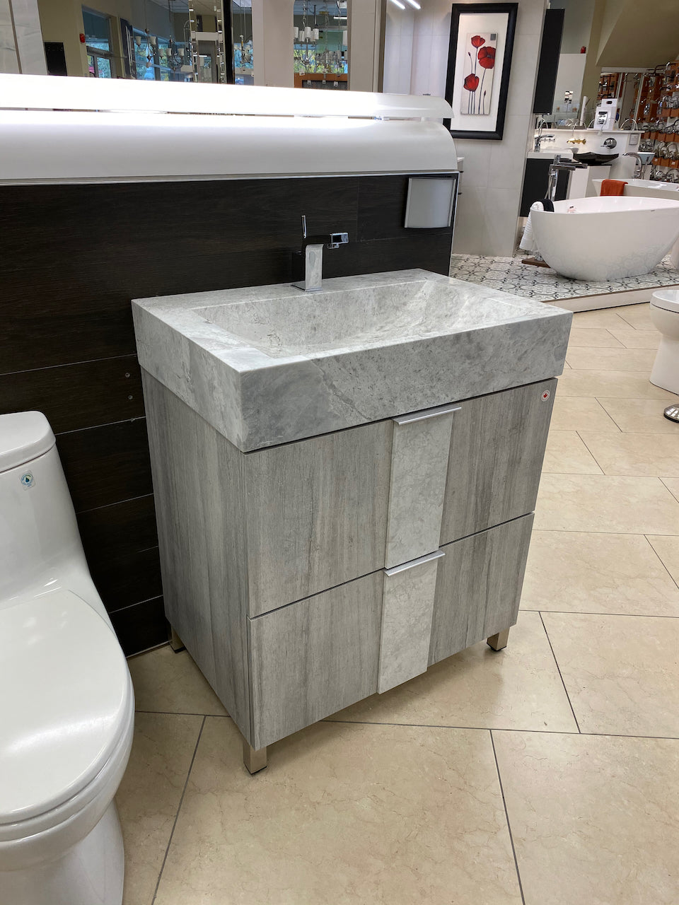 Vanité de salle de bain autoportante en marbre gris et glace | Tiroirs | VPP 30