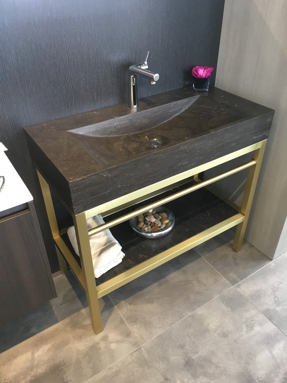 Satin Brass Bathroom Console | Limestone Sink | VNM 36